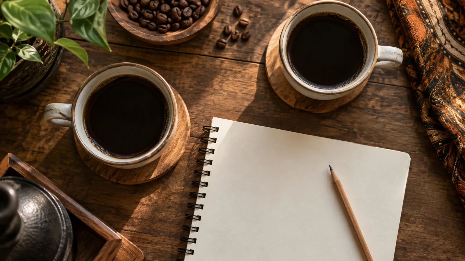 Ilustrasi AI: dua cangkir kopi hitam dan buku catatan kosong dengan pensil di meja kayu, penggiling manual di sudut