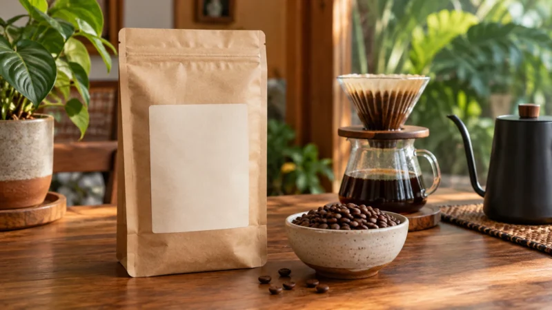 Ilustrasi AI: kemasan kopi kertas kraft berlabel polos di samping mangkuk biji, dripper kaca di atas server, dan ketel hitam