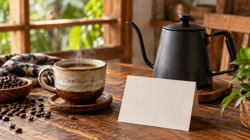 Ilustrasi AI: cangkir kopi beruap di samping ketel leher angsa hitam dan kartu catatan kosong yang berdiri di meja kayu
