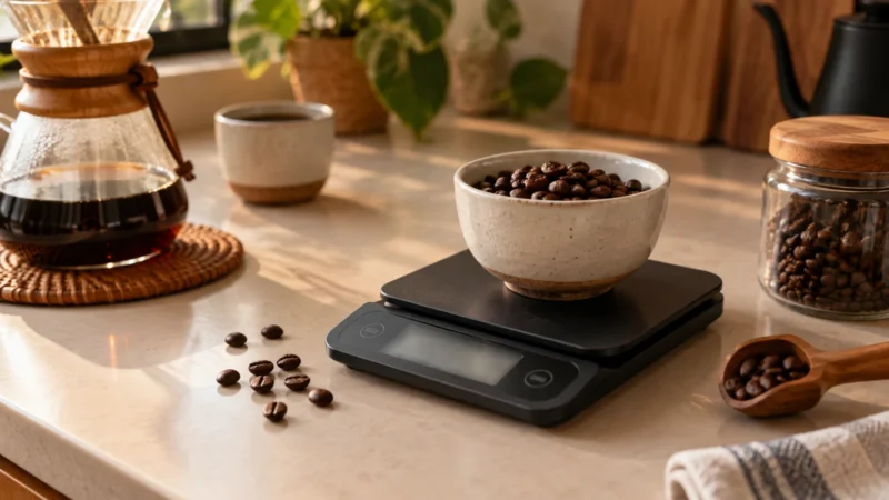 Ilustrasi AI: mangkuk biji kopi di atas timbangan dapur digital, dengan teko kaca berisi kopi dan toples biji di meja dapur