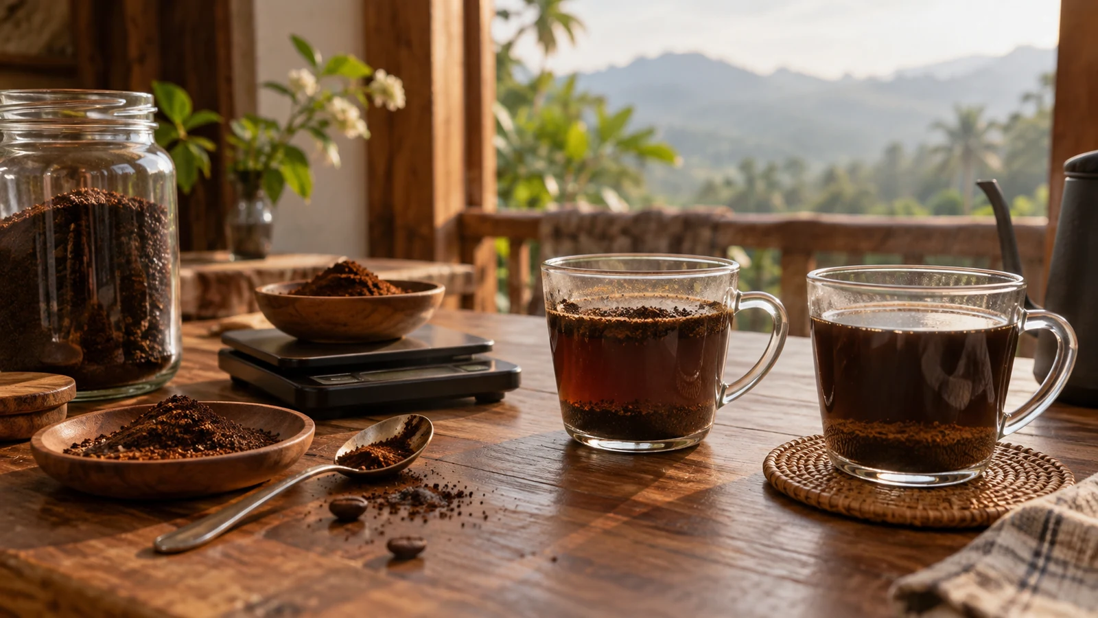 Ilustrasi AI: dua gelas kopi tubruk di meja kayu, satu masih berampas di permukaan dan satu lebih jernih, dengan timbangan dan mangkuk bubuk