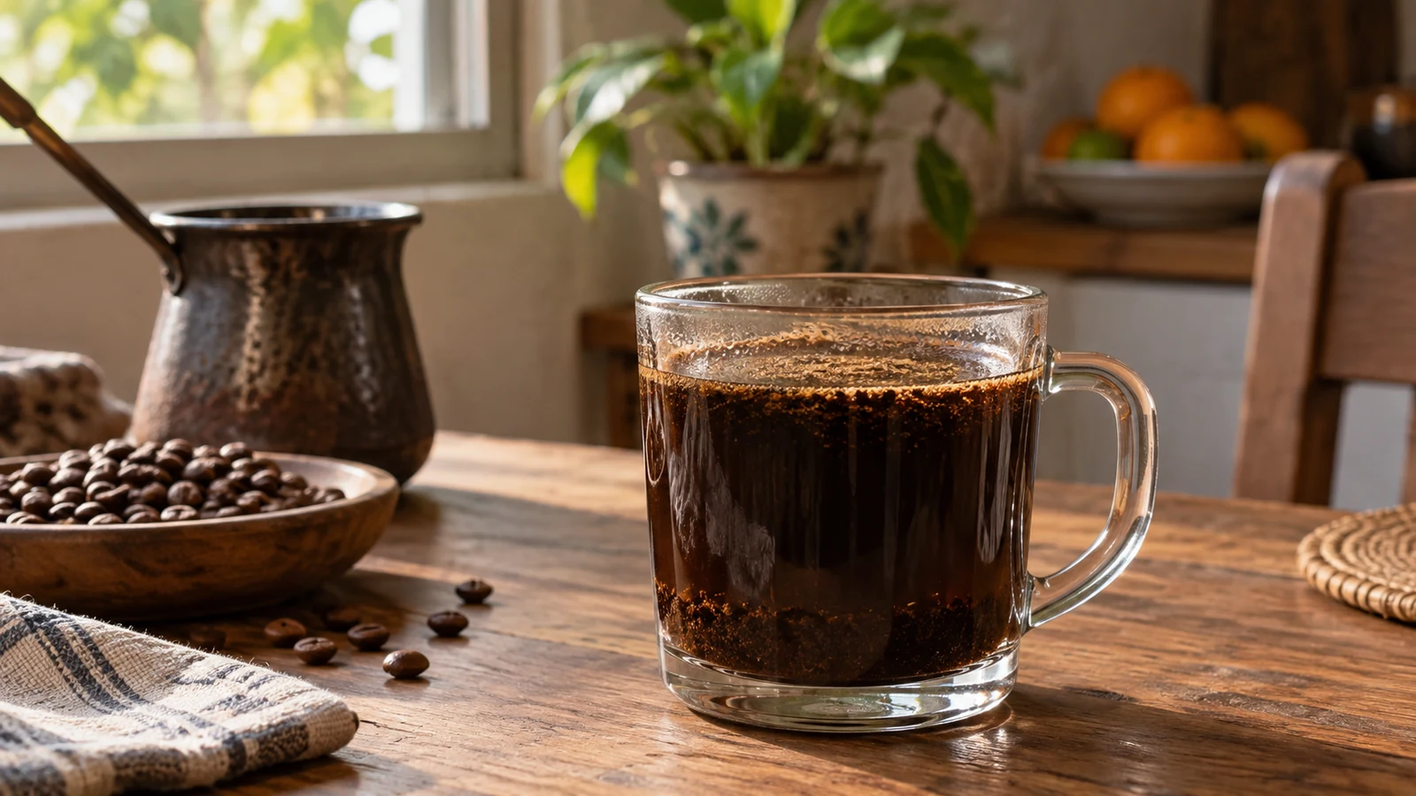 Ilustrasi AI: gelas kaca berisi kopi hitam dengan ampas mengendap di dasar, mangkuk biji kopi dan teko tembaga di meja kayu