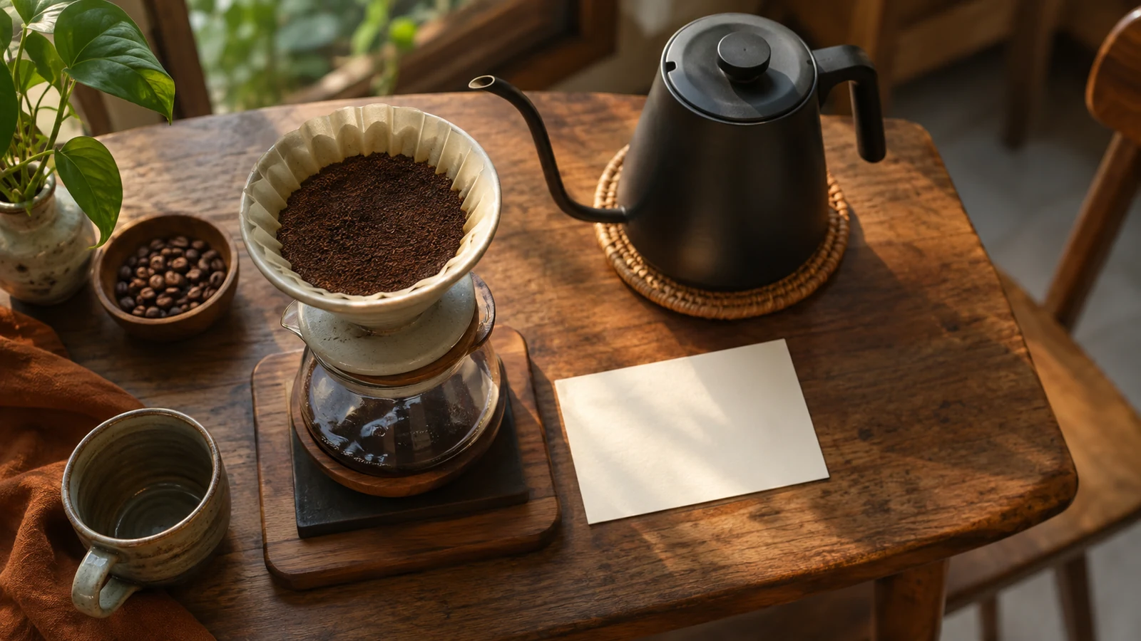 Ilustrasi AI: tampak atas dripper berisi bubuk kopi di atas server kaca, ketel hitam, kartu catatan kosong, dan cangkir di meja kayu