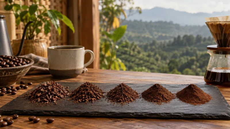 Ilustrasi AI: lima tumpukan bubuk kopi dari kasar ke halus berjajar di papan batu gelap, dengan cangkir, mangkuk biji, dan dripper