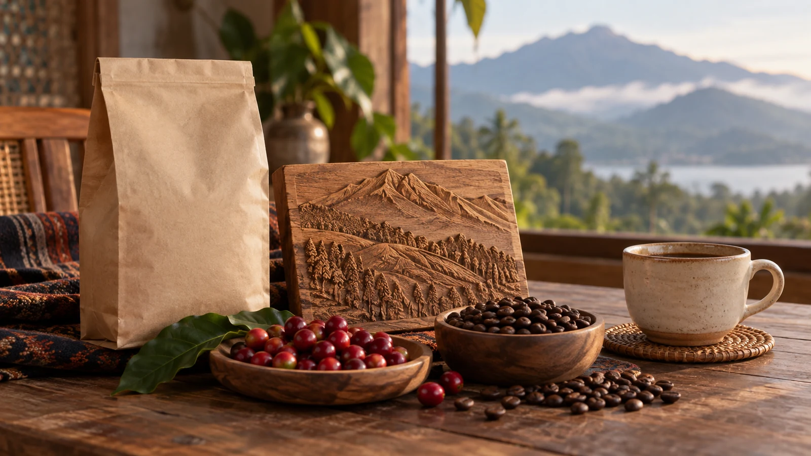 Ilustrasi AI: kemasan kopi kraft polos, ukiran kayu bergambar gunung, buah kopi merah dan biji sangrai, serta cangkir di meja kayu