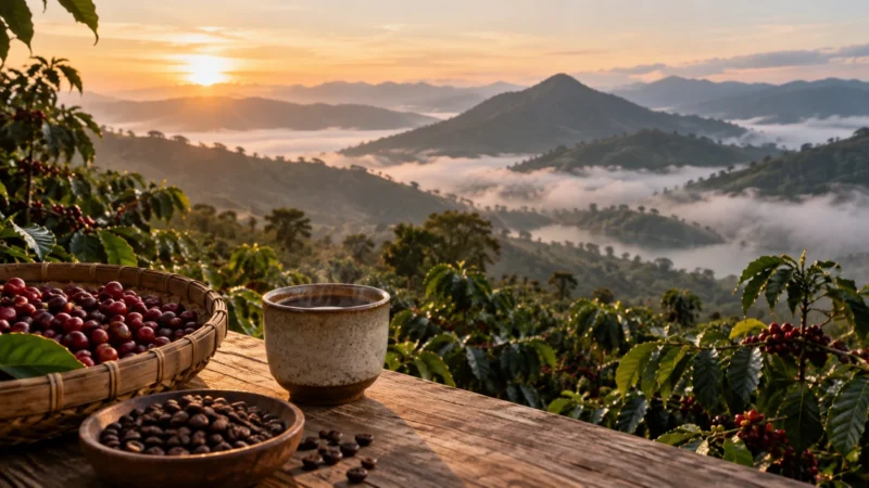 Ilustrasi AI: keranjang buah kopi merah, mangkuk biji sangrai, dan cangkir di meja kayu menghadap lembah berkabut dan pegunungan saat matahari terbit