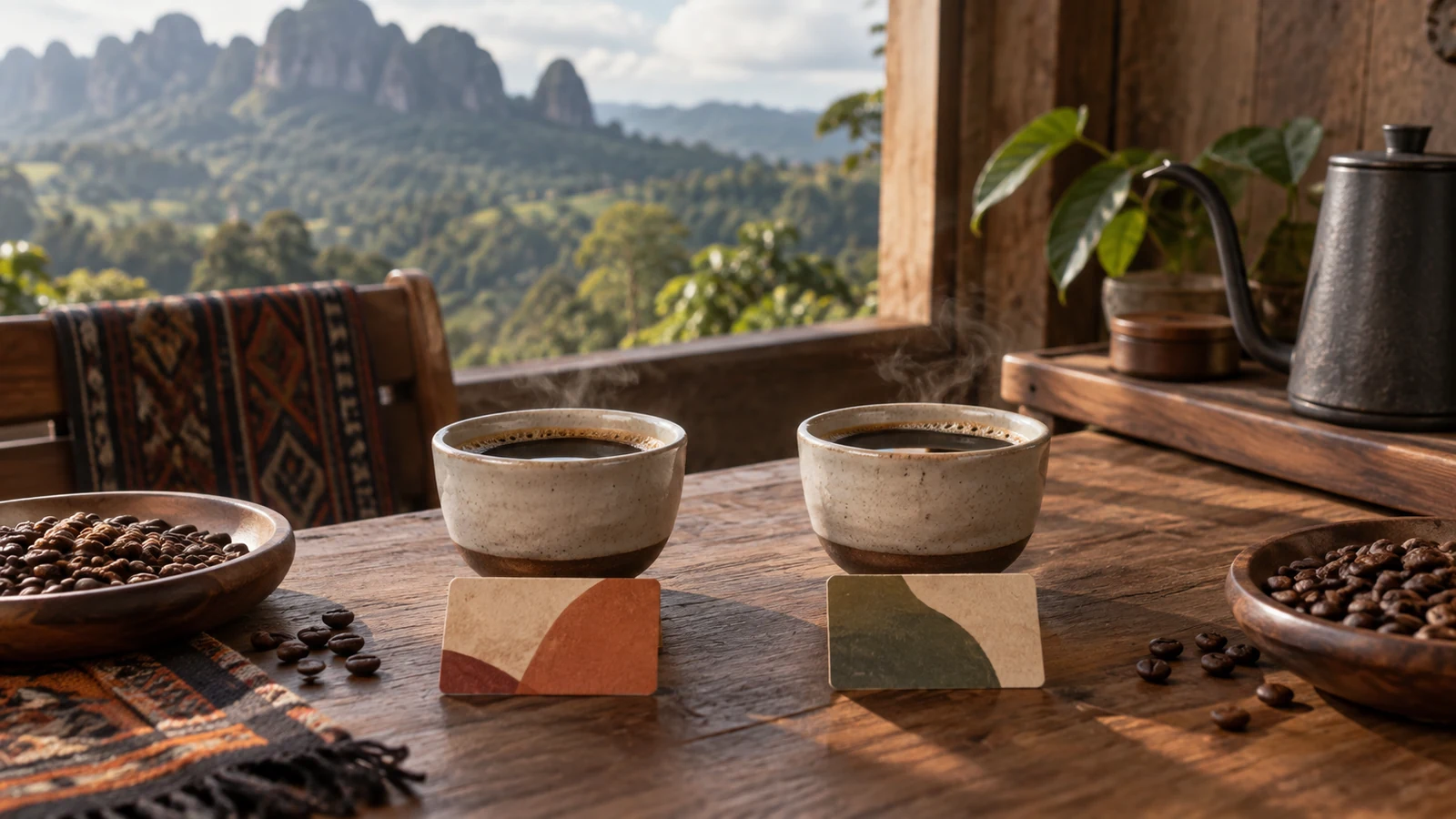 Ilustrasi AI: dua cangkir kopi berdampingan di meja kayu dengan kartu berwarna polos, mangkuk biji kopi, dan ketel hitam
