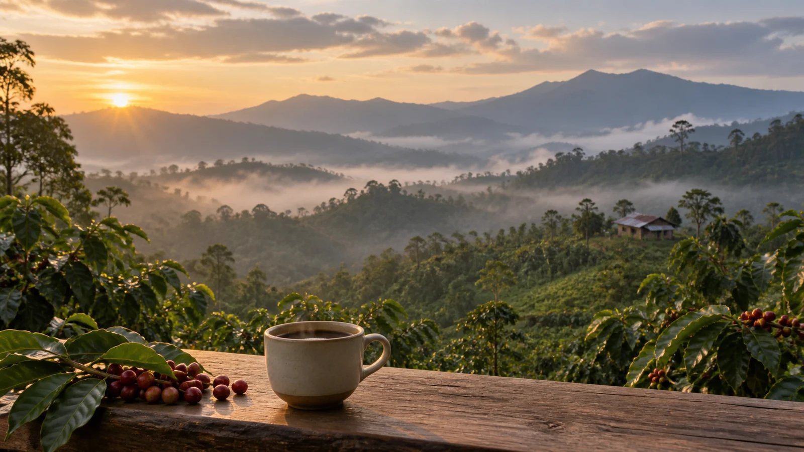 Ilustrasi AI: secangkir kopi dan buah kopi merah di papan kayu dengan latar lereng berkabut dan perdu kopi saat matahari terbit